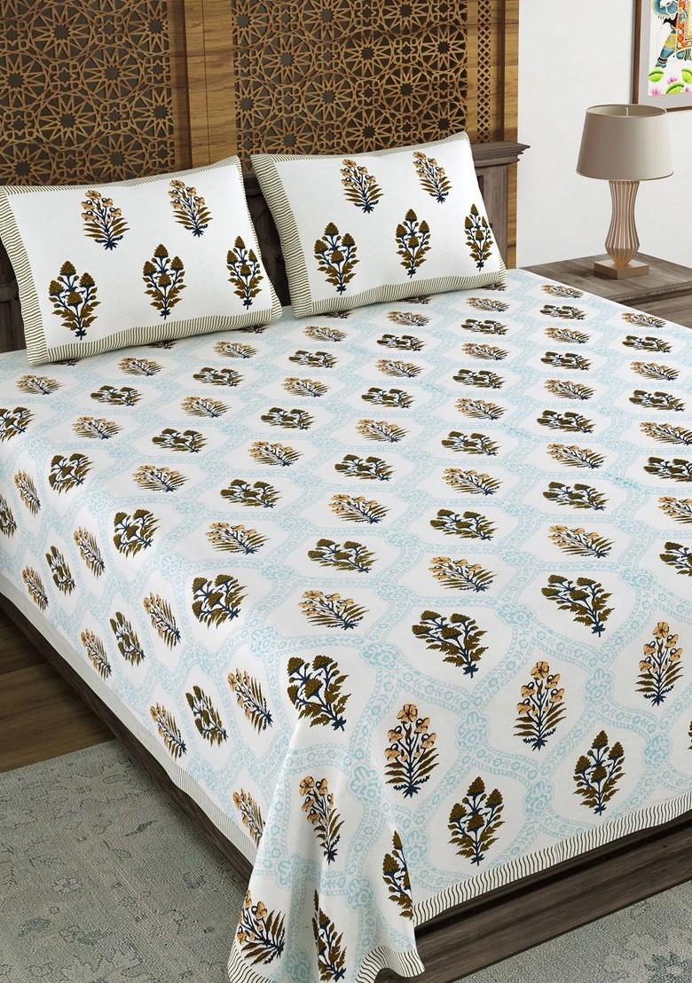 Blue And White Ethnic Motifs 210 Tc King Bedsheet With 2 Pillow Covers