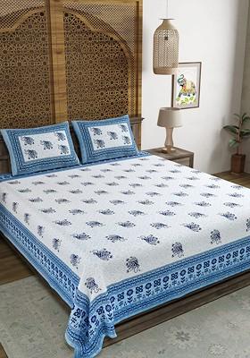 Blue And Black 210 Tc Cotton King Bedsheet With 2 Pillow Covers