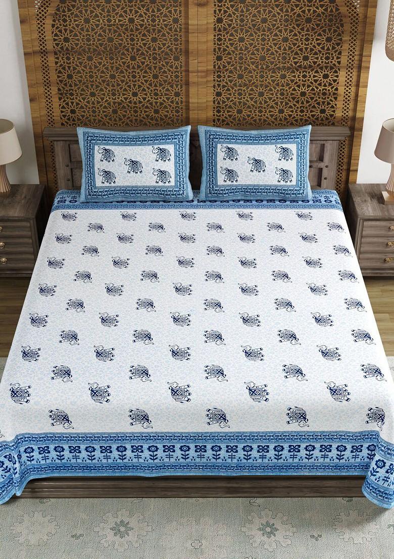 Blue And Black 210 Tc Cotton King Bedsheet With 2 Pillow Covers