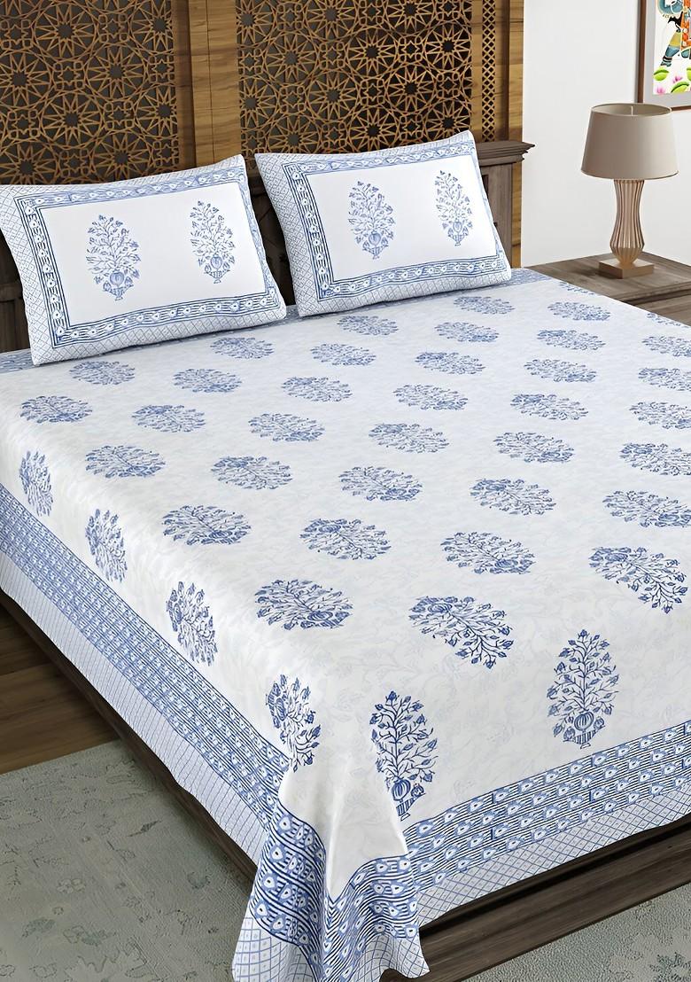 White And Blue Floral Cotton180 Tc King Bedsheet With 2 Pillow Covers