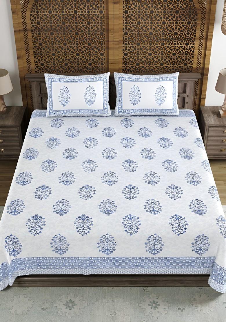 White And Blue Floral Cotton180 Tc King Bedsheet With 2 Pillow Covers