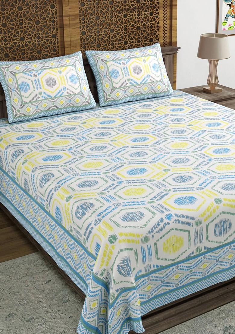 Grey And Blue Geometric Cotton 210 Tc King Bedsheet And 2 Pillow Covers