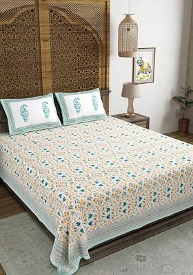 White And Turquoise Blue Print 250 Tc Cotton King Bedsheet And 2 Pillow Covers