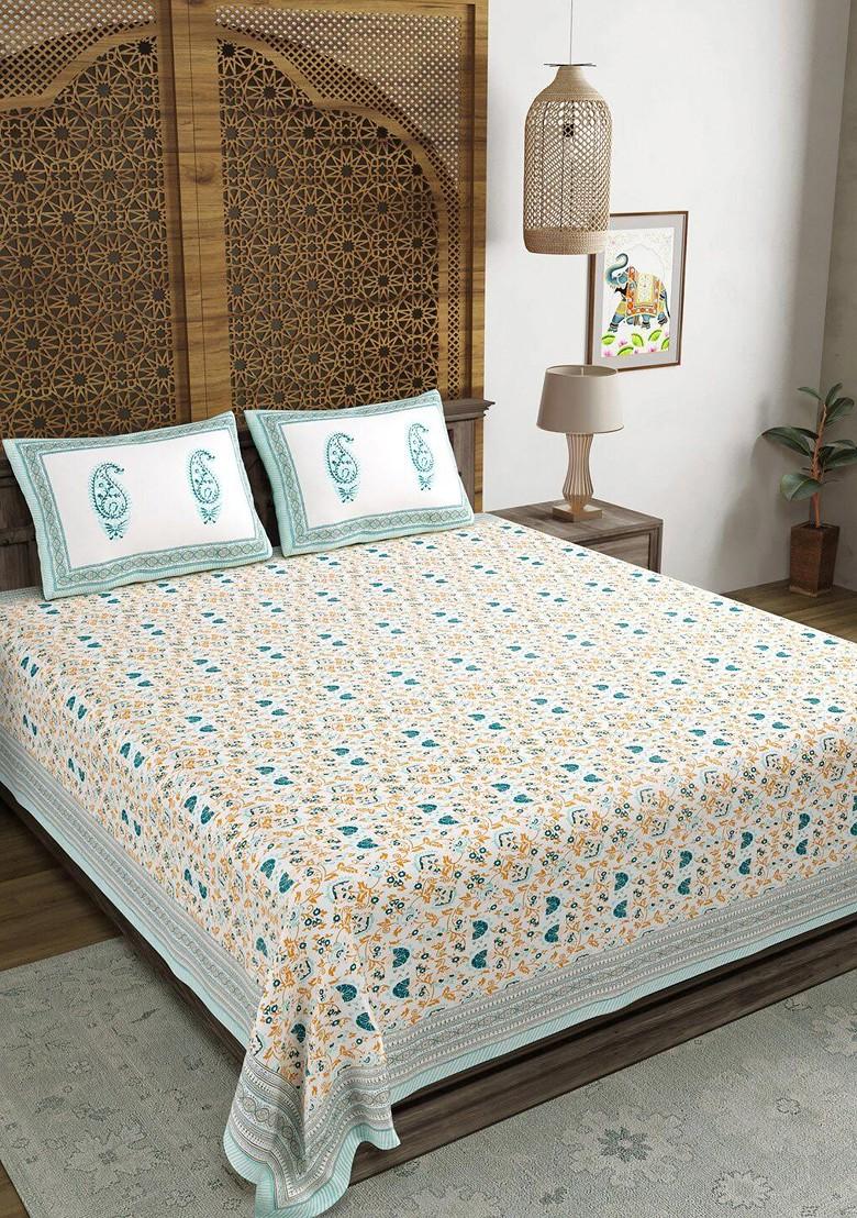 White And Turquoise Blue Print 250 Tc Cotton King Bedsheet And 2 Pillow Covers