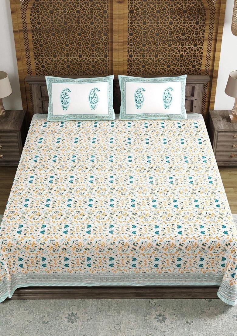 White And Turquoise Blue Print 250 Tc Cotton King Bedsheet And 2 Pillow Covers