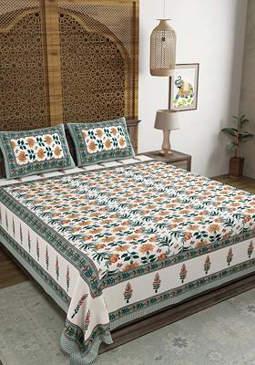 Green And Orange Ethnic Motifs 210 Tc King Bedsheet With 2 Pillow Covers