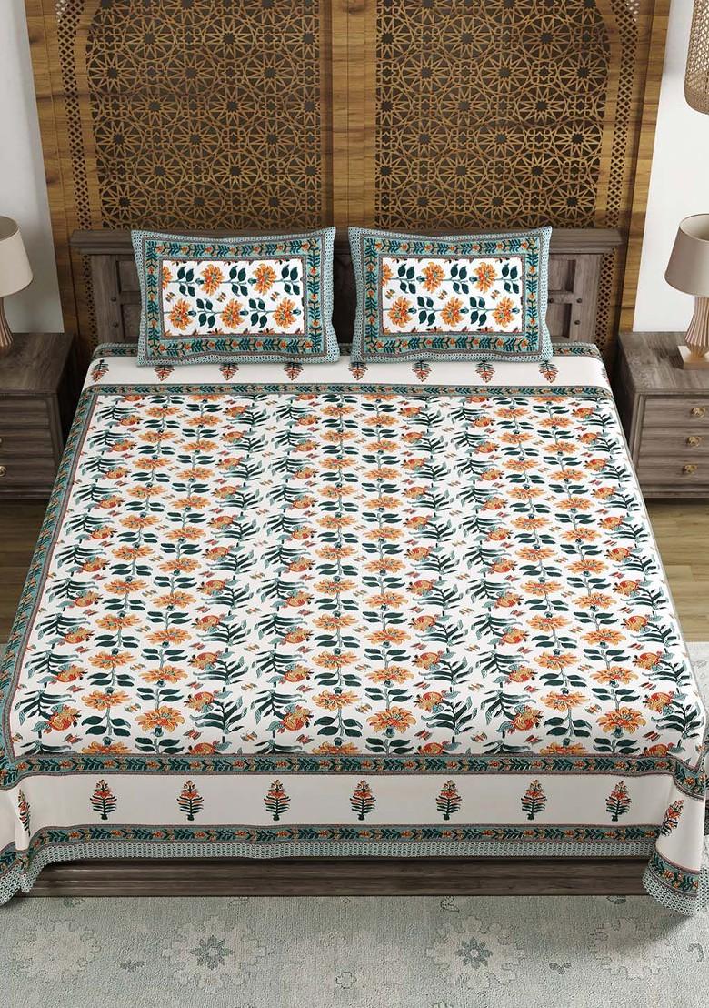 Green And Orange Ethnic Motifs 210 Tc King Bedsheet With 2 Pillow Covers