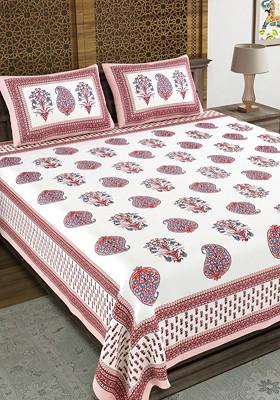 White And Pink Ethnic Motifs 210 Tc King Bedsheet With 2 Pillow Covers