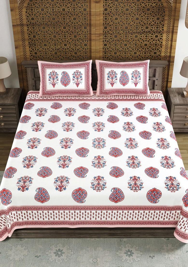 White And Pink Ethnic Motifs 210 Tc King Bedsheet With 2 Pillow Covers