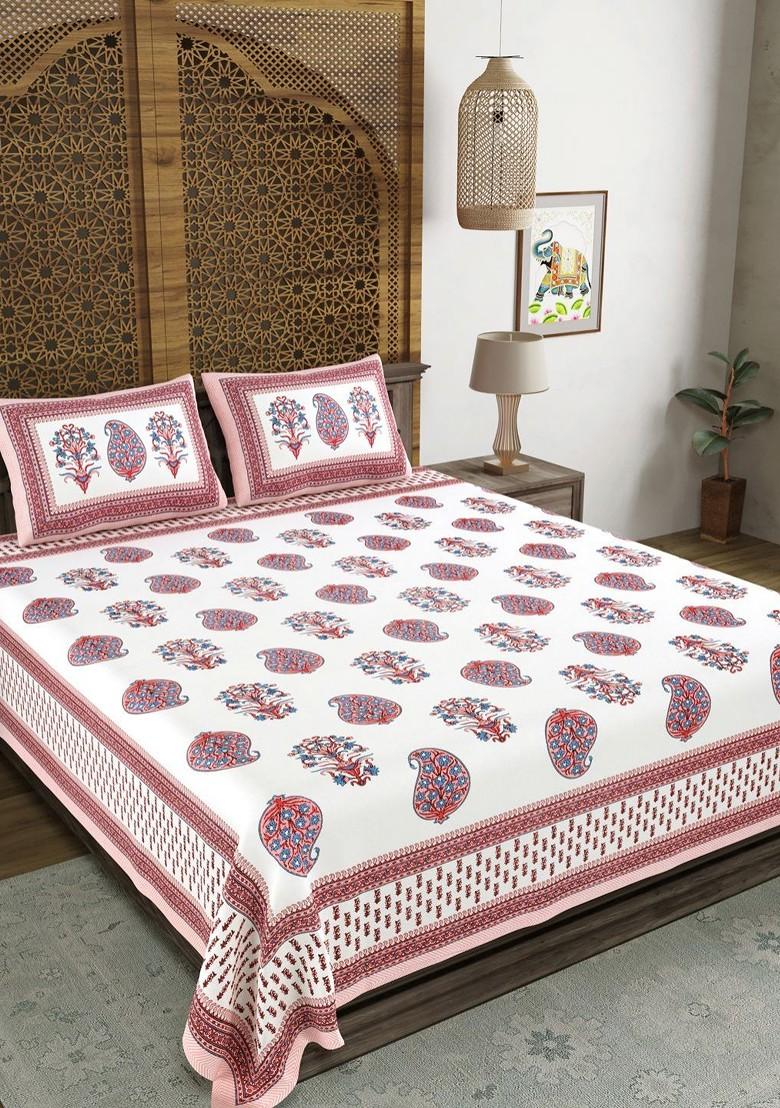 White And Pink Ethnic Motifs 210 Tc King Bedsheet With 2 Pillow Covers