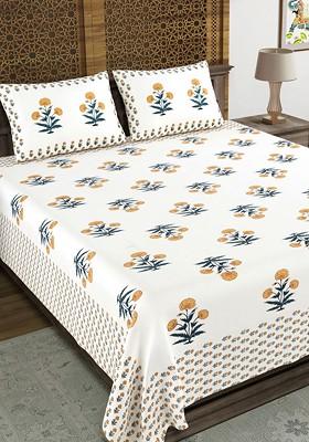 White And Blue Ethnic Motifs 210 Tc King Bedsheet With 2 Pillow Covers