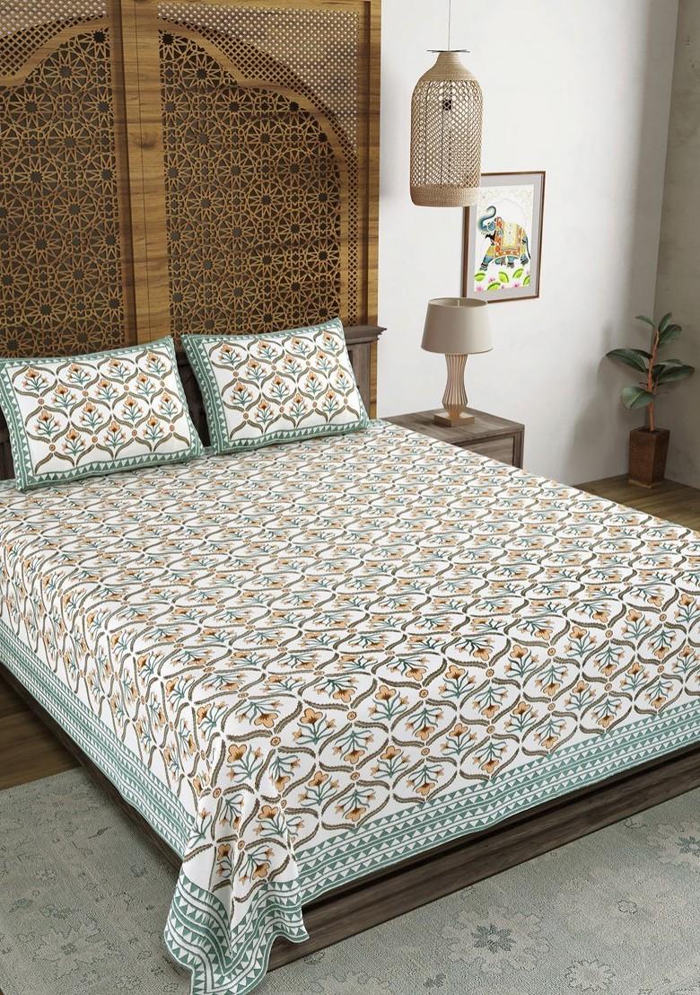 Green And White Ethnic Motifs 210 Tc King Bedsheet With 2 Pillow Covers