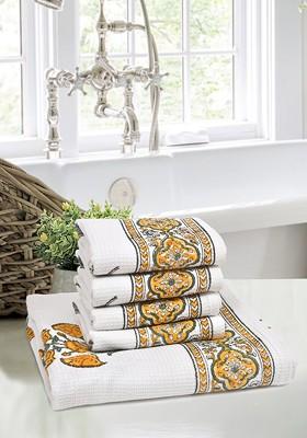 Set Of 5 White And Yellow Floral Printed 210 Gsm Cotton Towels