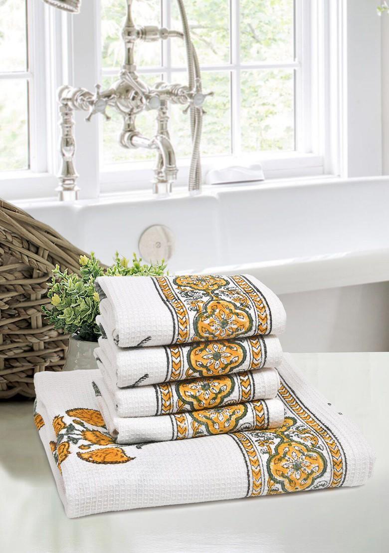 Set Of 5 White And Yellow Floral Printed 210 Gsm Cotton Towels