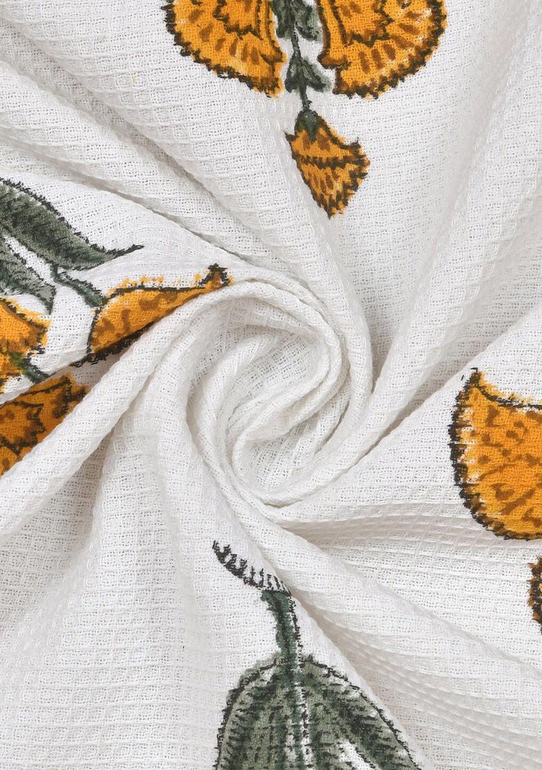 Set Of 5 White And Yellow Floral Printed 210 Gsm Cotton Towels