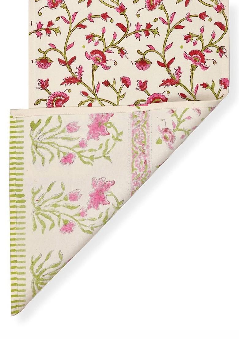 Green And Pink Floral Printed Pure Cotton Table Runner