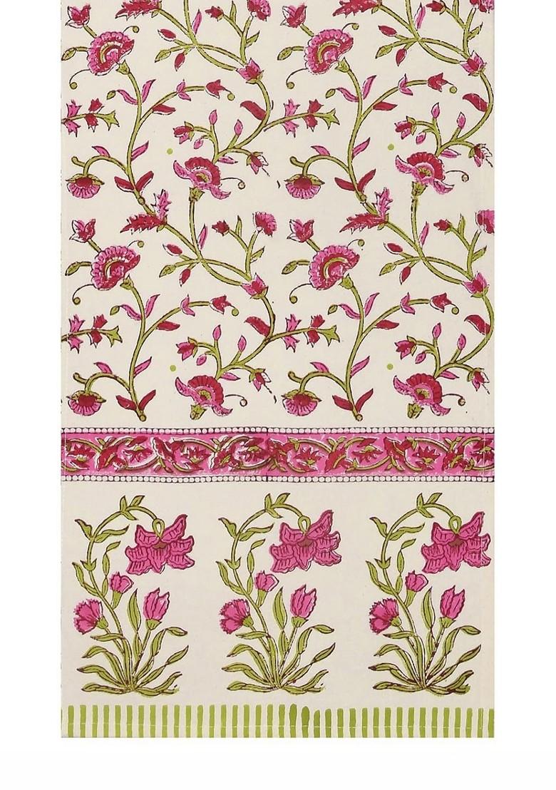 Green And Pink Floral Printed Pure Cotton Table Runner