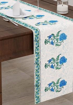 White And Blue Floral Printed Pure Cotton Table Runner