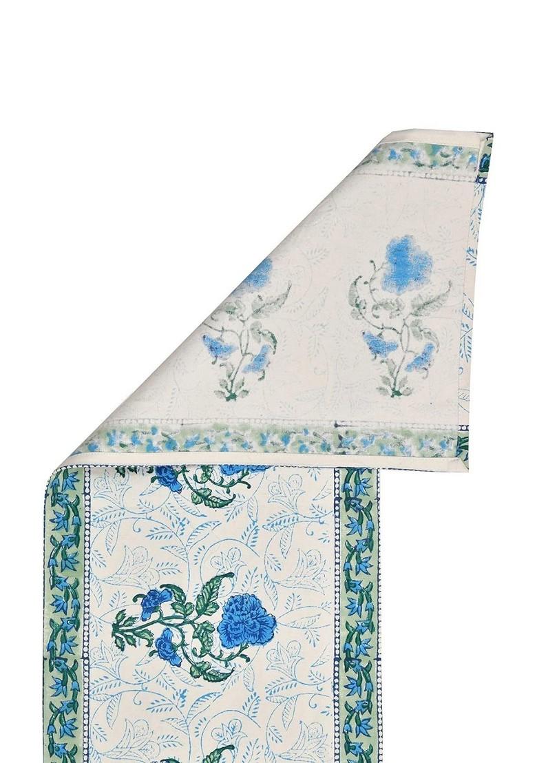 White And Blue Floral Printed Pure Cotton Table Runner