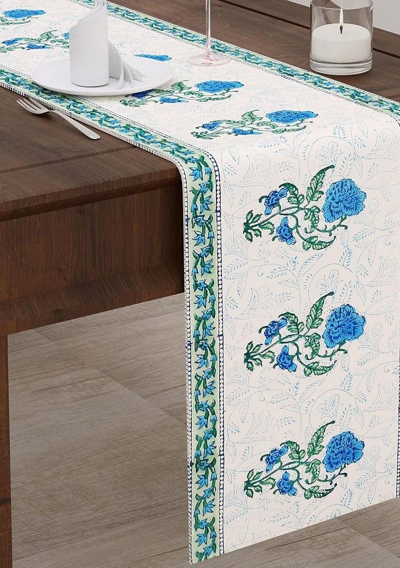 White And Blue Floral Printed Pure Cotton Table Runner