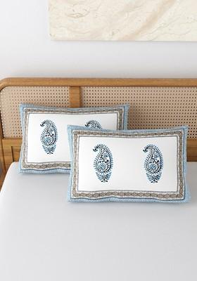 Grey And White 2 Pieces Printed Pure Cotton Rectangle Pillow Covers