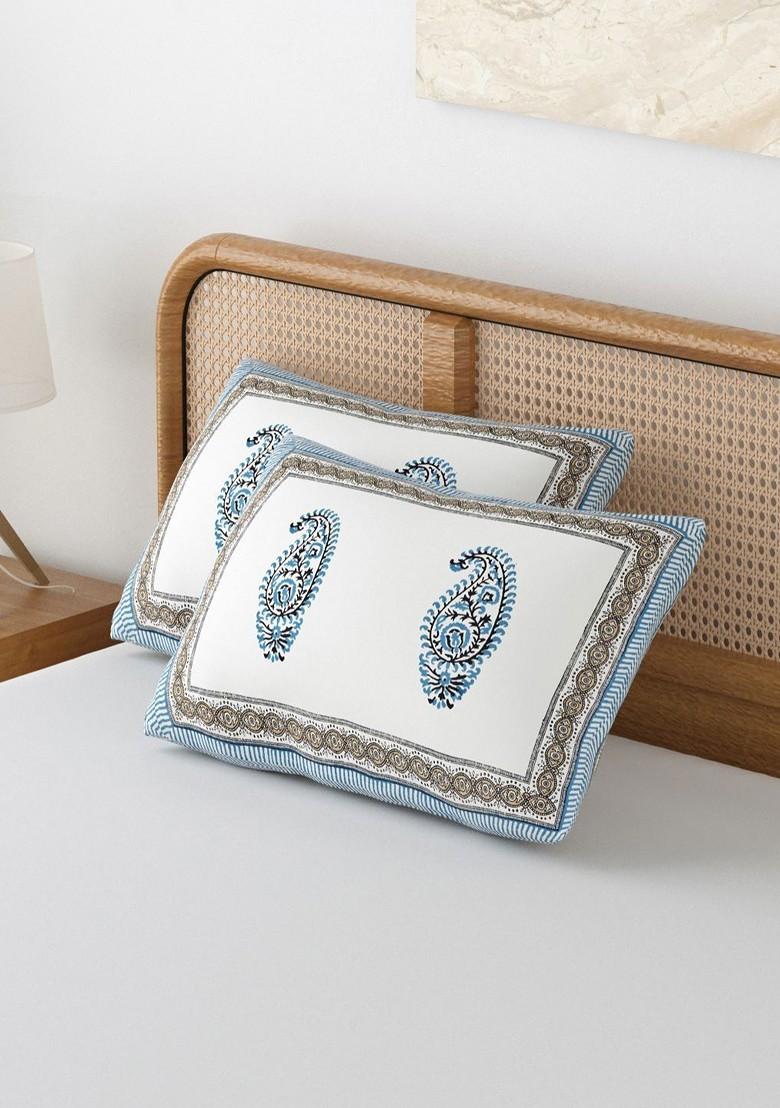 Grey And White 2 Pieces Printed Pure Cotton Rectangle Pillow Covers