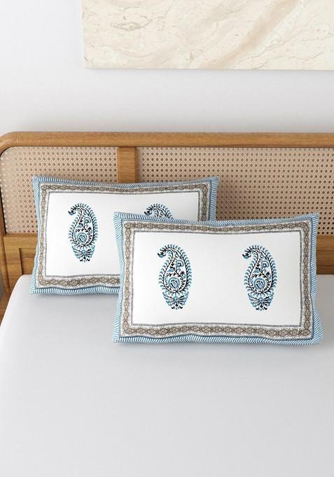 Grey And White 2 Pieces Printed Pure Cotton Rectangle Pillow Covers