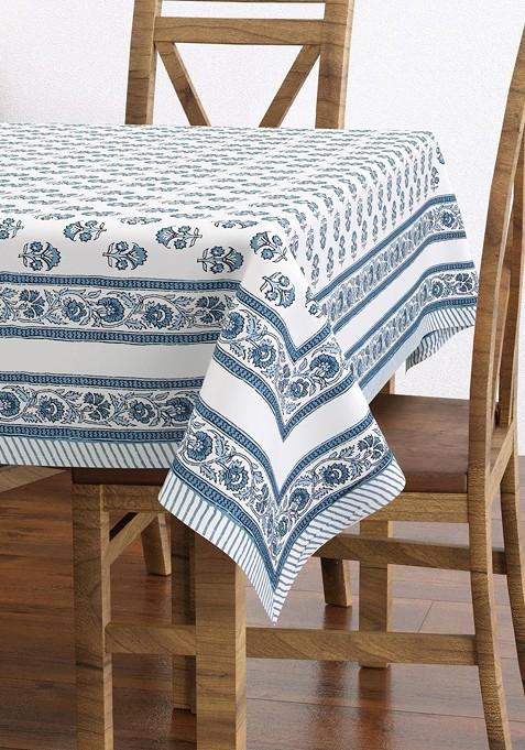 White Floral Cotton Rectangle 6Seater Table Cover