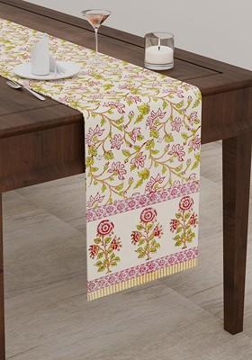 Green And Pink Floral Printed Pure Cotton Table Runner