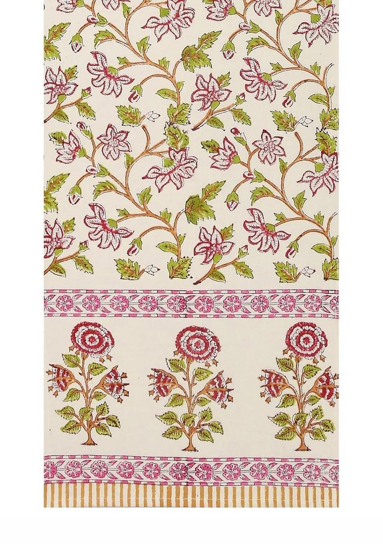 Green And Pink Floral Printed Pure Cotton Table Runner