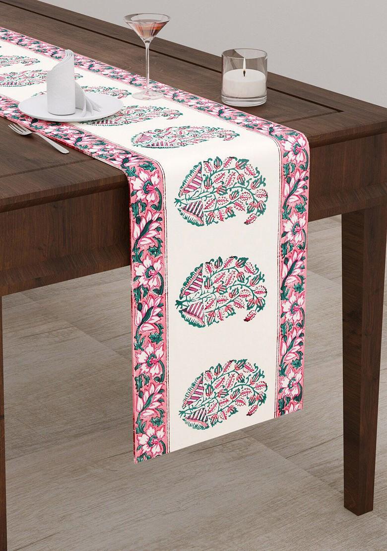 Peach And Cream Floral Printed Canvas Table Runner