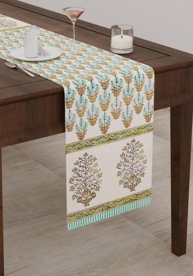 Brown And Sea Green Floral Printed Canvas Table Runner