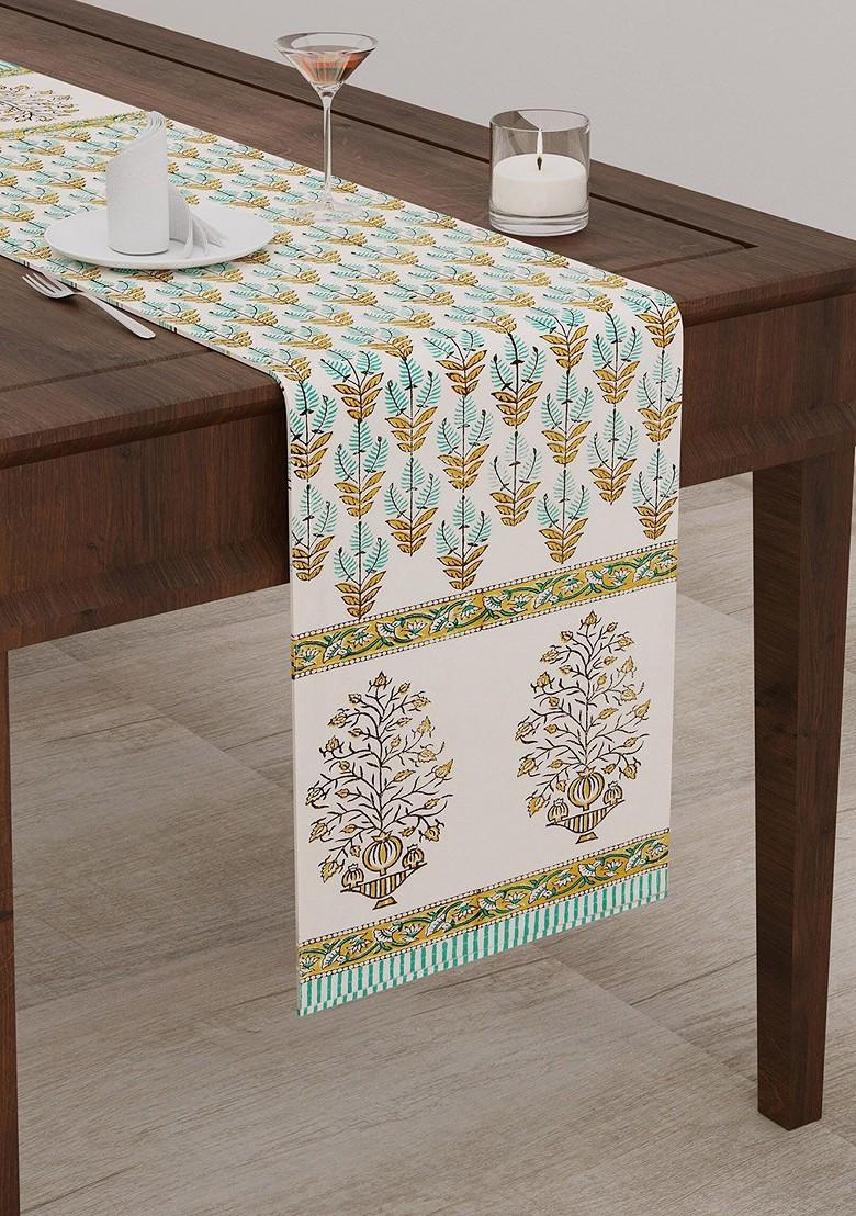 Brown And Sea Green Floral Printed Canvas Table Runner