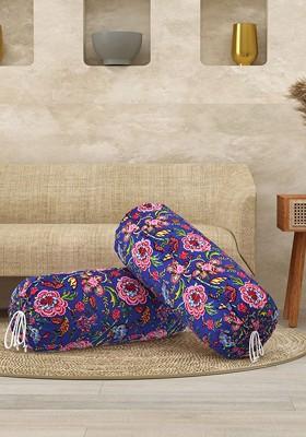 Set Of 2 Pink And Blue Printed Cotton Bolster Covers