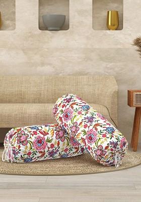Set Of 2 Pink And White Printed Cotton Bolster Covers