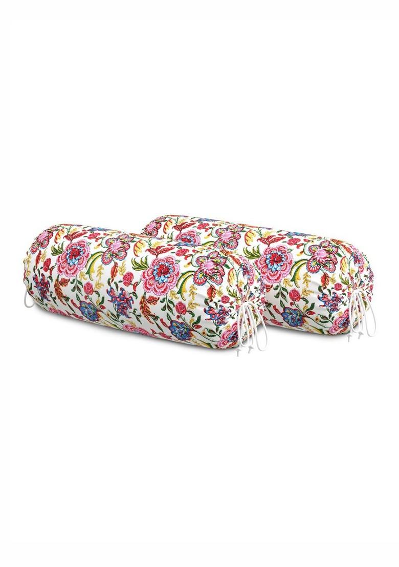 Set Of 2 Pink And White Printed Cotton Bolster Covers