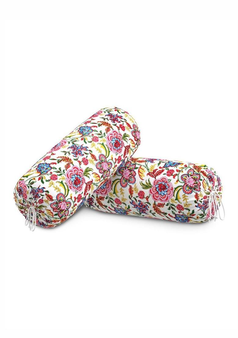 Set Of 2 Pink And White Printed Cotton Bolster Covers