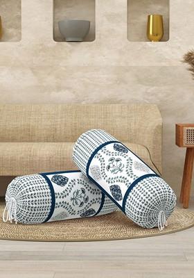 Navyblue 2 Pieces Floral Printed Cotton Cylindrical Bolster Covers