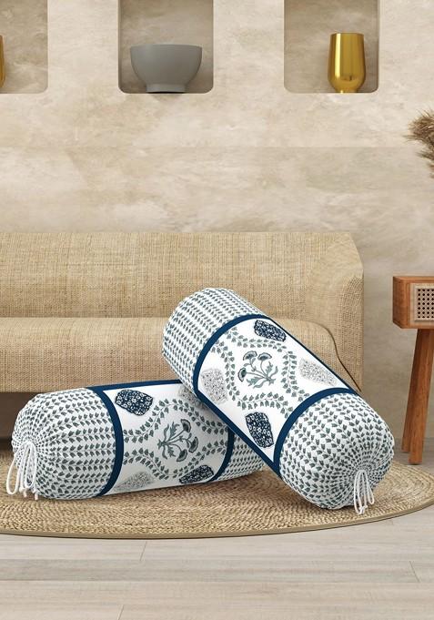 Navyblue 2 Pieces Floral Printed Cotton Cylindrical Bolster Covers