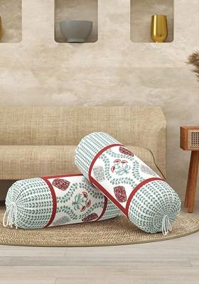 Red And White 2 Pieces Floral Printed Cotton Cylindrical Bolster Covers