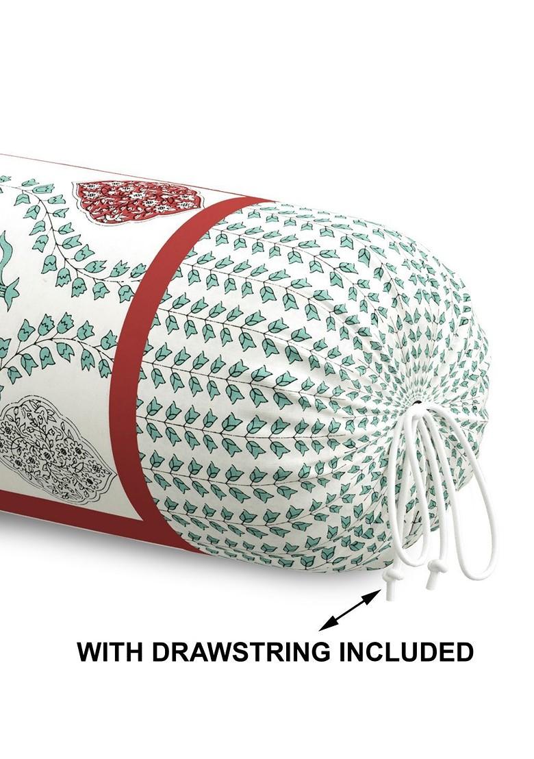 Red And White 2 Pieces Floral Printed Cotton Cylindrical Bolster Covers