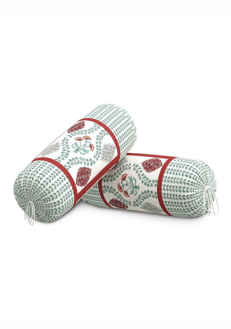 Red And White 2 Pieces Floral Printed Cotton Cylindrical Bolster Covers