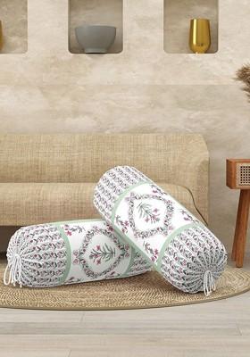 Green And White 2 Pieces Floral Printed Cotton Cylindrical Bolster Covers
