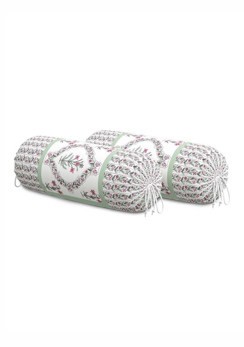 Green And White 2 Pieces Floral Printed Cotton Cylindrical Bolster Covers