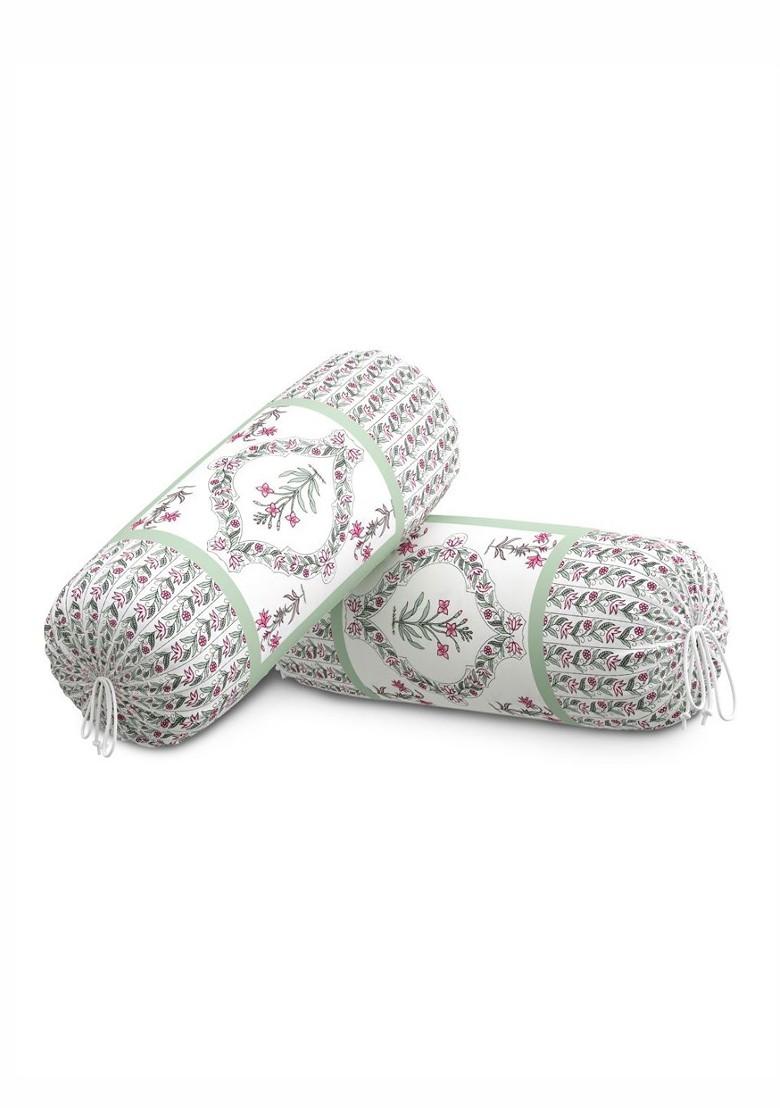 Green And White 2 Pieces Floral Printed Cotton Cylindrical Bolster Covers