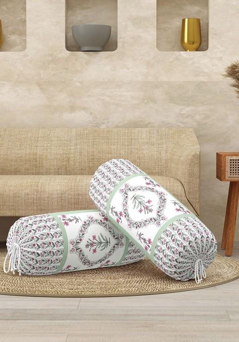 Green And White 2 Pieces Floral Printed Cotton Cylindrical Bolster Covers