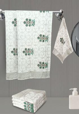 Green 6 Pieces Block Printed 210 Gsm Waffle Cotton Soft And Absorbent Towel Set