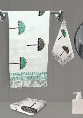 Green 3 Pieces Block Printed 210 Gsm Waffle Cotton Soft And Absorbent Towel Set
