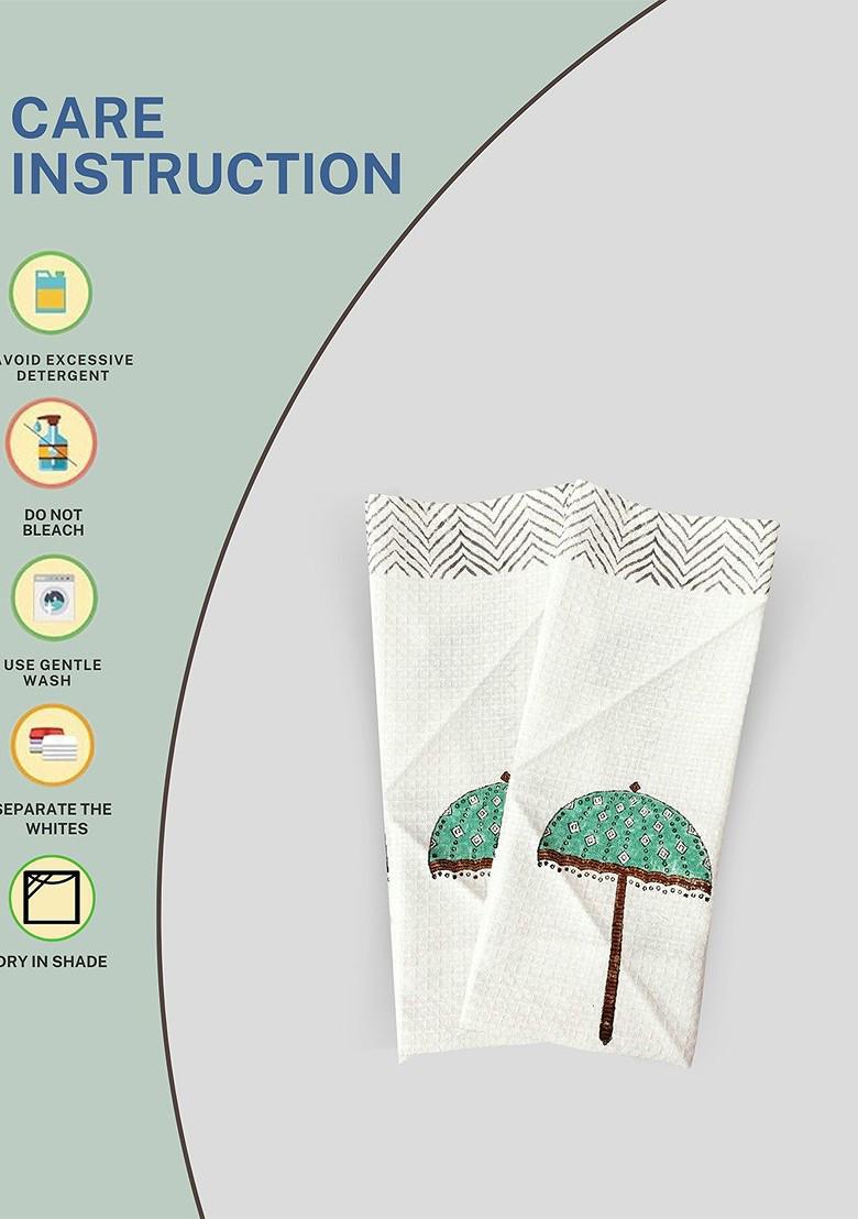 Green 3 Pieces Block Printed 210 Gsm Waffle Cotton Soft And Absorbent Towel Set