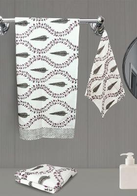 Grey 3 Pieces Block Printed 210 Gsm Waffle Cotton Soft And Absorbent Towel Set